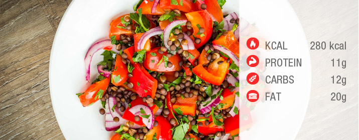 Warmer Linsen Tomatensalat mit Kabanossi